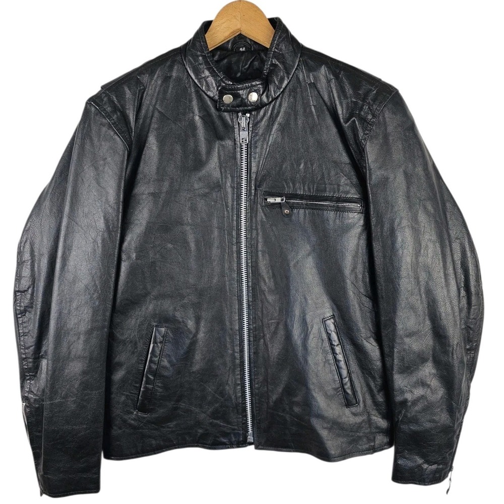 VTG Unik‎ Black Leather Moto Jacket Men's Size 42 Biker Cuff Zippers Quilted